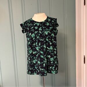 J. Crew Black, Green, and Blue Floral Ruffled Sleeveless Blouse with back zipper